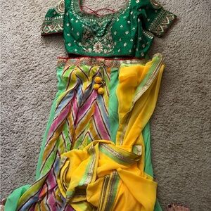 Green and Yellow Embroidered Lehenga Choli- three piece